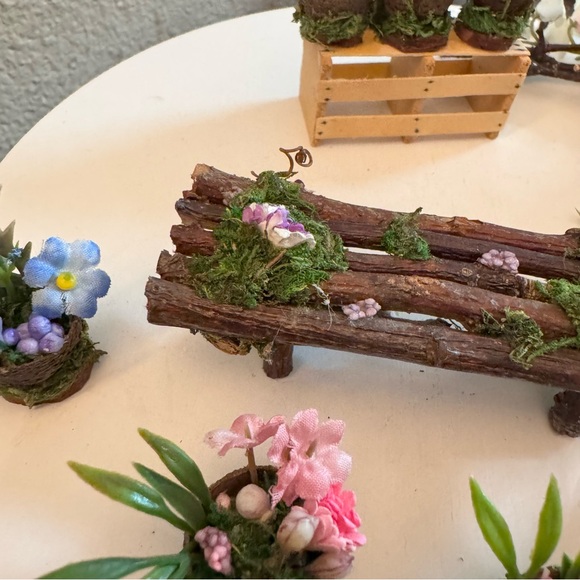 Vintage handmade dollhouse miniature wood potted plants bench branches flowers - Picture 6 of 13